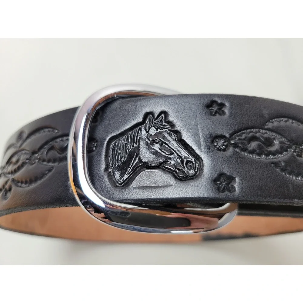 Dennis Knight Black Tooled Leather Horse‎ Head Belt Solid Brass Buckle USA Made